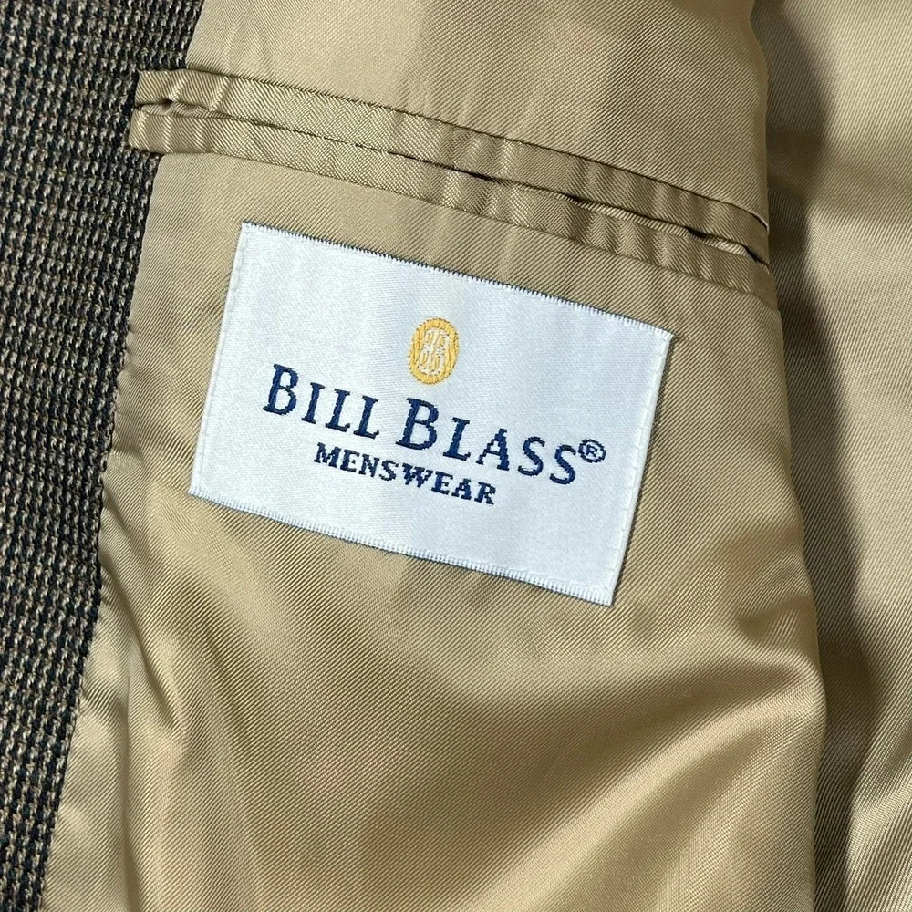 Bill Blass Lambswool Blazer Mens 42S Brown Suede Elbow Patch Blazer Check Tweed